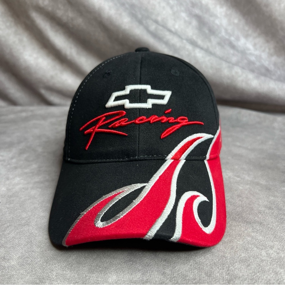 Chevy Racing Hat Black Red Flame Cap Adjustable  NASCAR Rock Solid Bowtie Logo